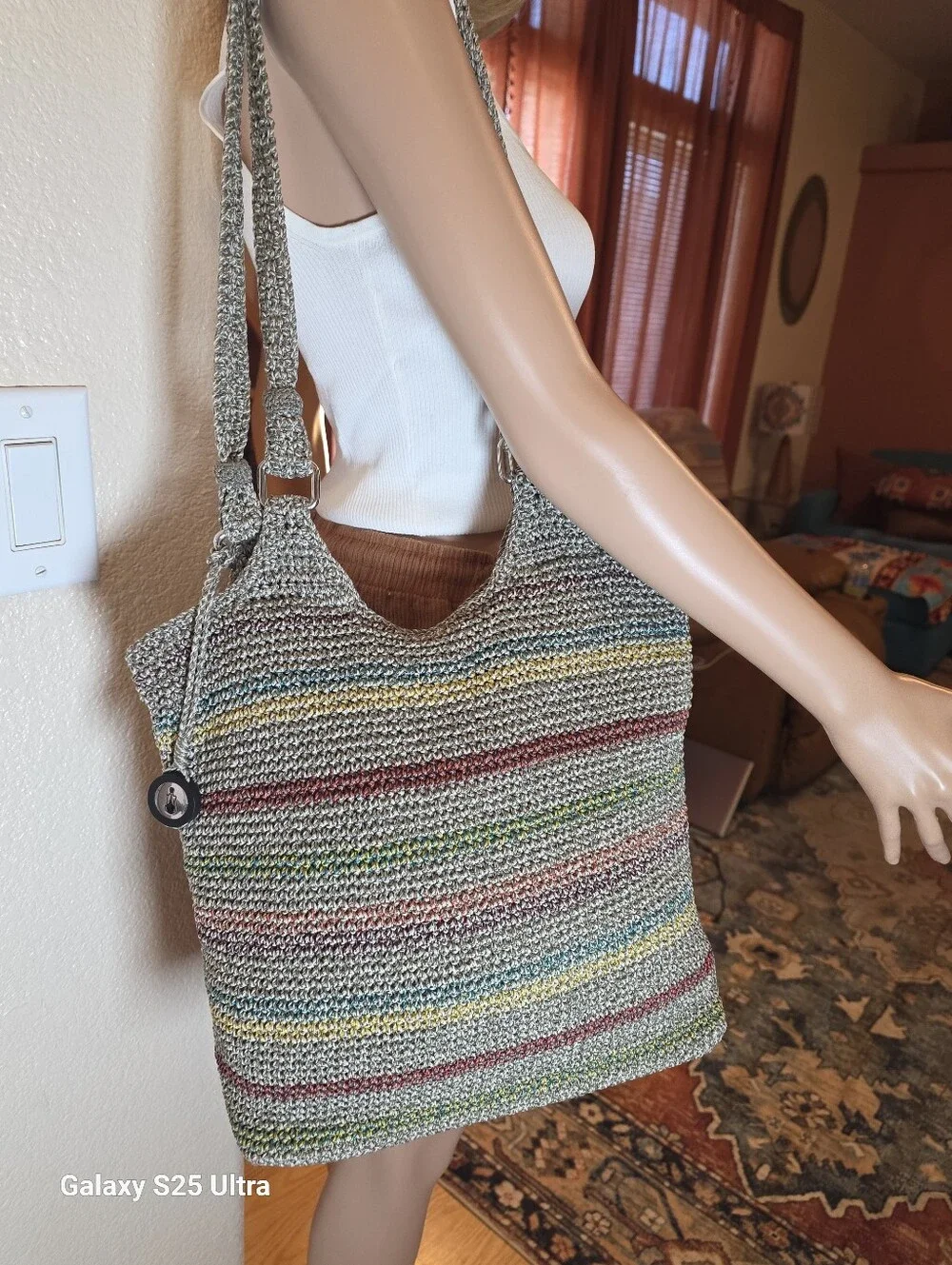 The Sak Belle Voyager Stripe Crochet Boho Hobo Shoulder Bag EUC